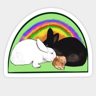 Cute bunny rabbit family, mama, papa and baby, albino, black and ginger bunnies with a rainbow tie die background Sticker